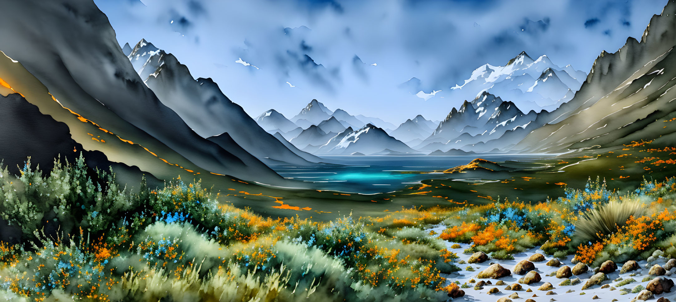 Snowy mountains, serene lake, flying birds: Panoramic landscape with wildflowers