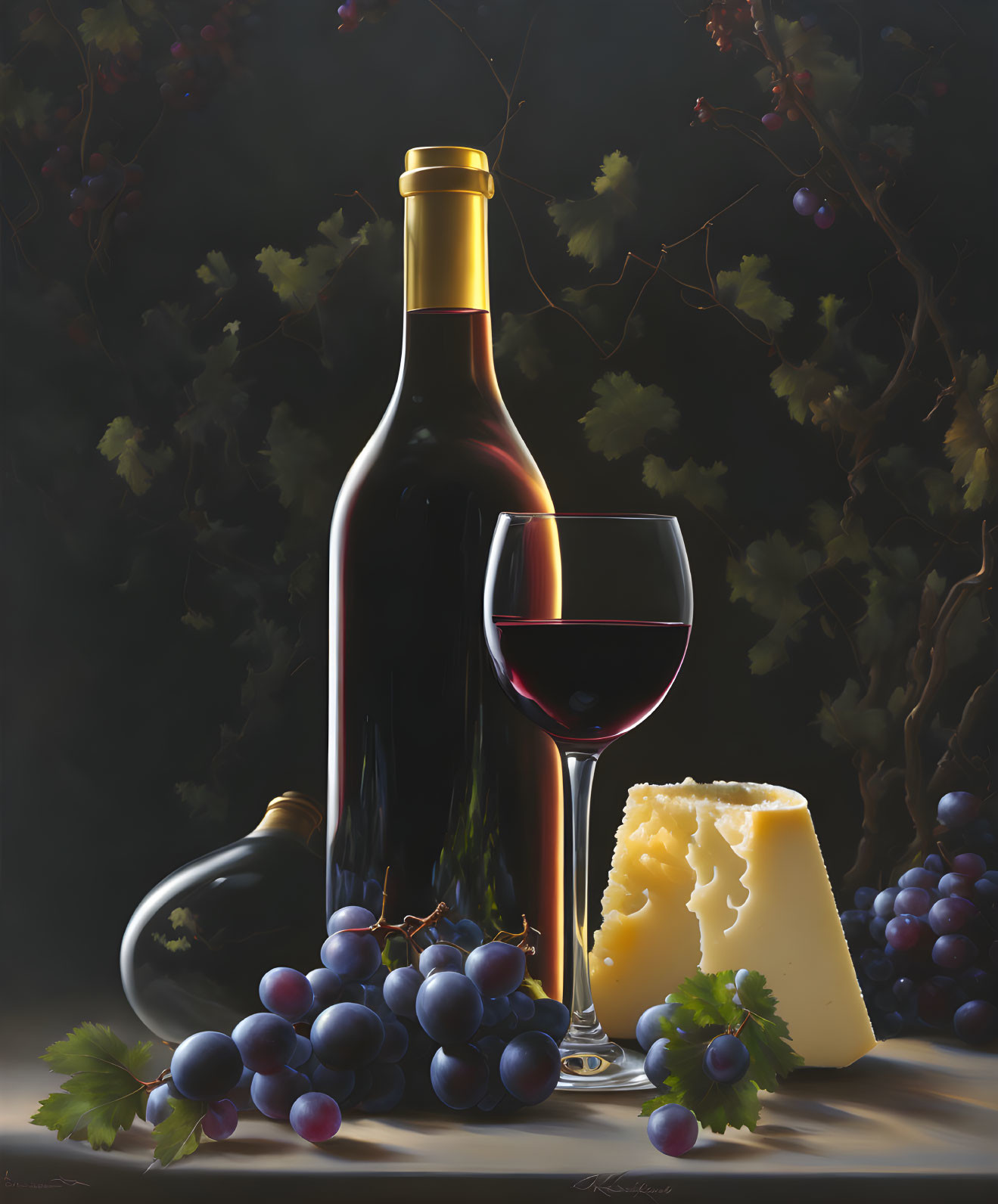 Red wine bottle, glass, grapes, cheese on table with grapevines in background.