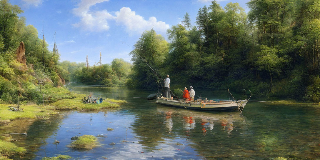 Tranquil river fishing scene with lush greenery and picnic setup