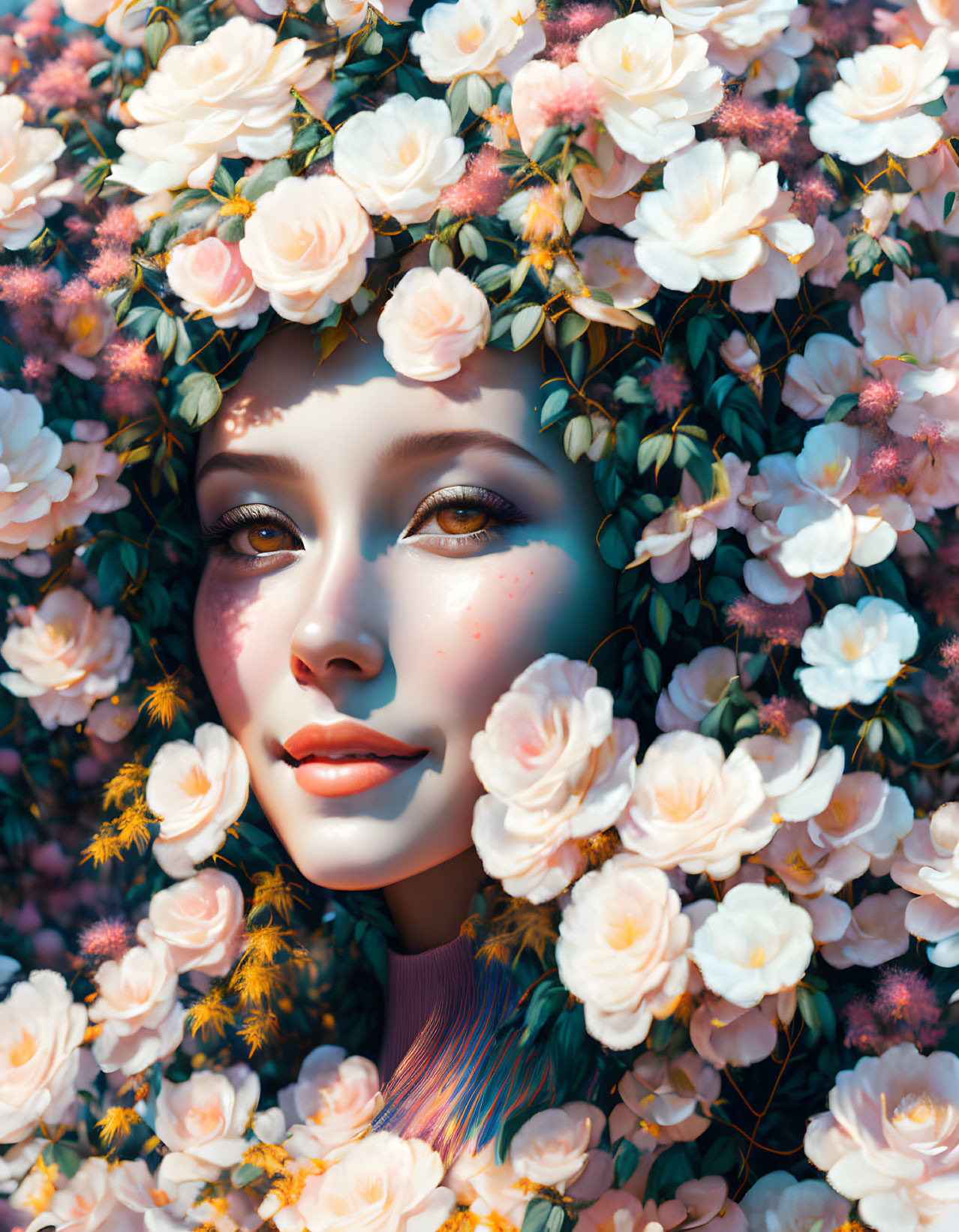 Woman's Face Surrounded by White Roses