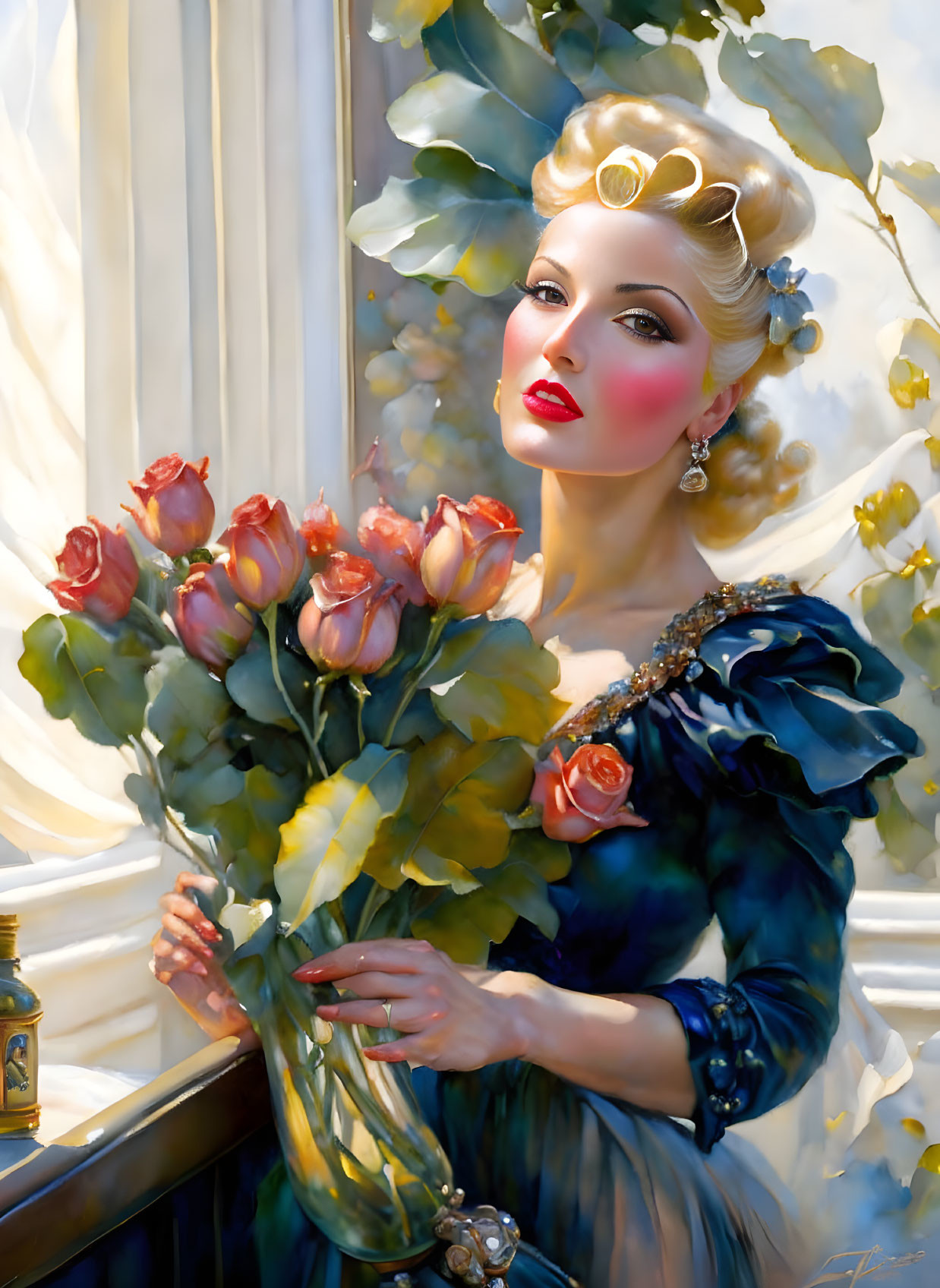 Vintage-style painting of elegant woman with gold hair accessories holding roses by sunlit window