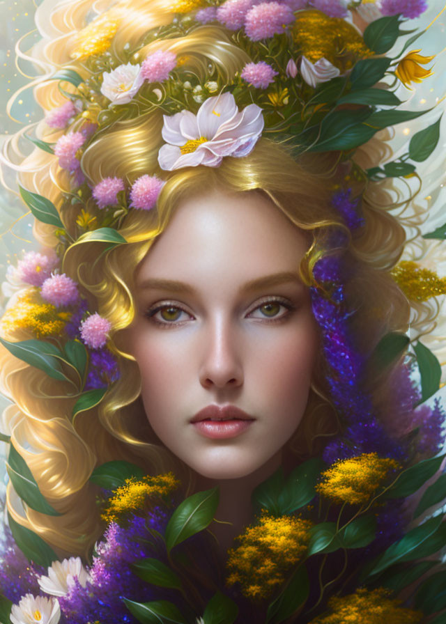 Digital artwork: Woman with golden locks and floral wreath