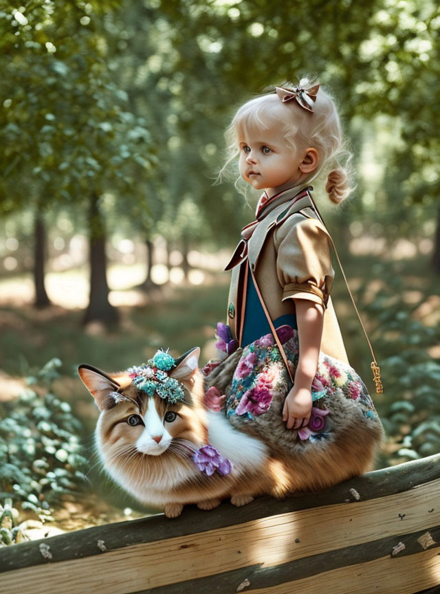 Child with bow in hair rides decorated cat in sunlit forest