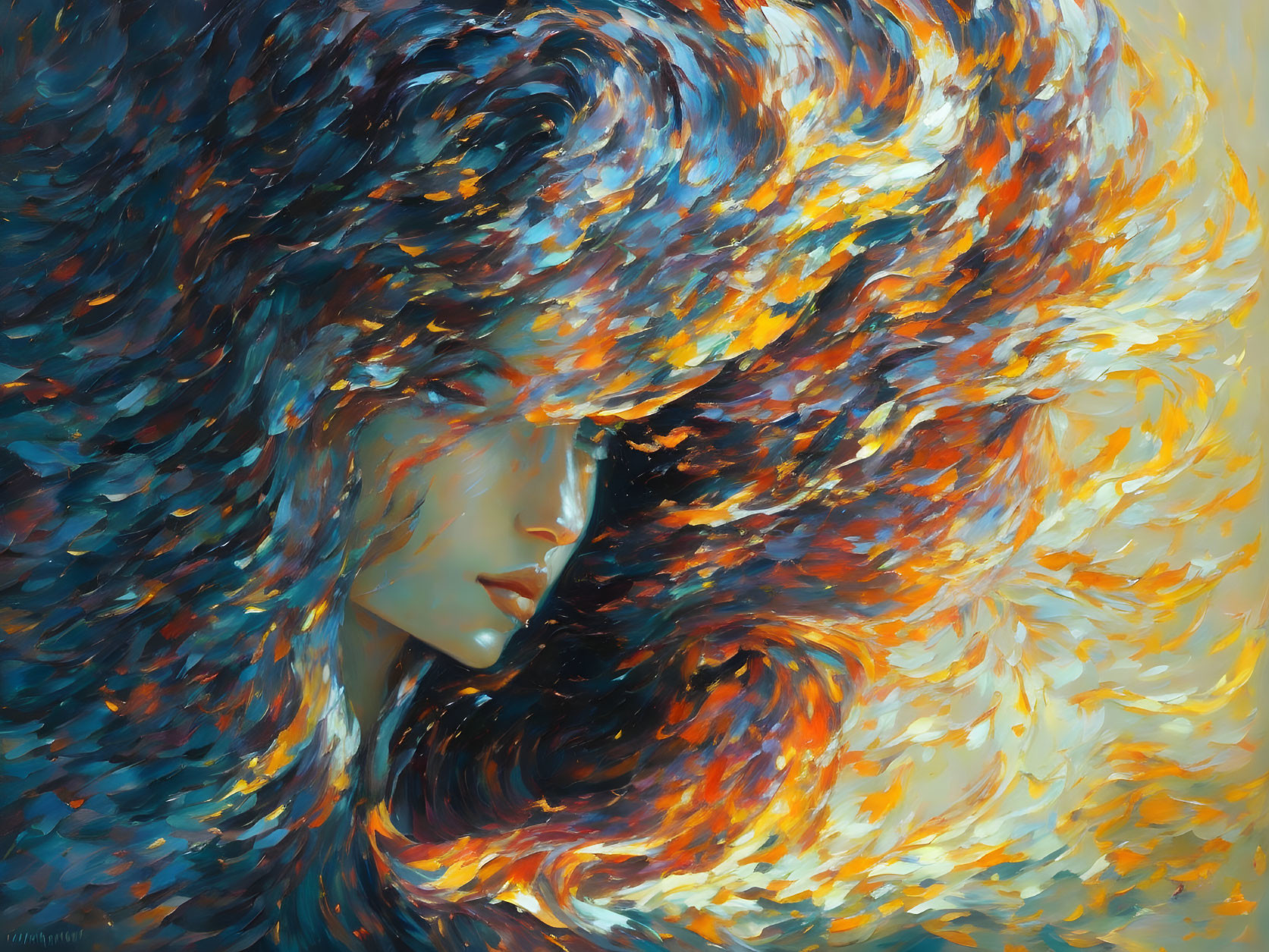 Abstract painting: Woman with swirling, vibrant hair in blue, orange, and yellow.