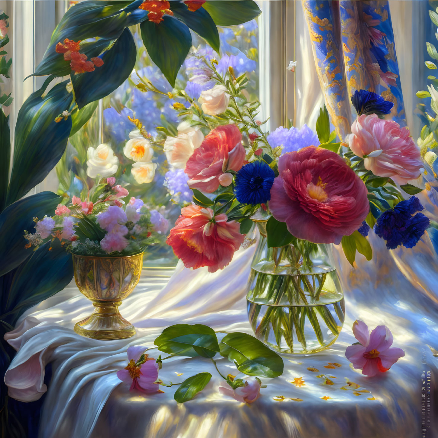 Colorful Still Life Painting of Flowers in Vases Under Sunlight