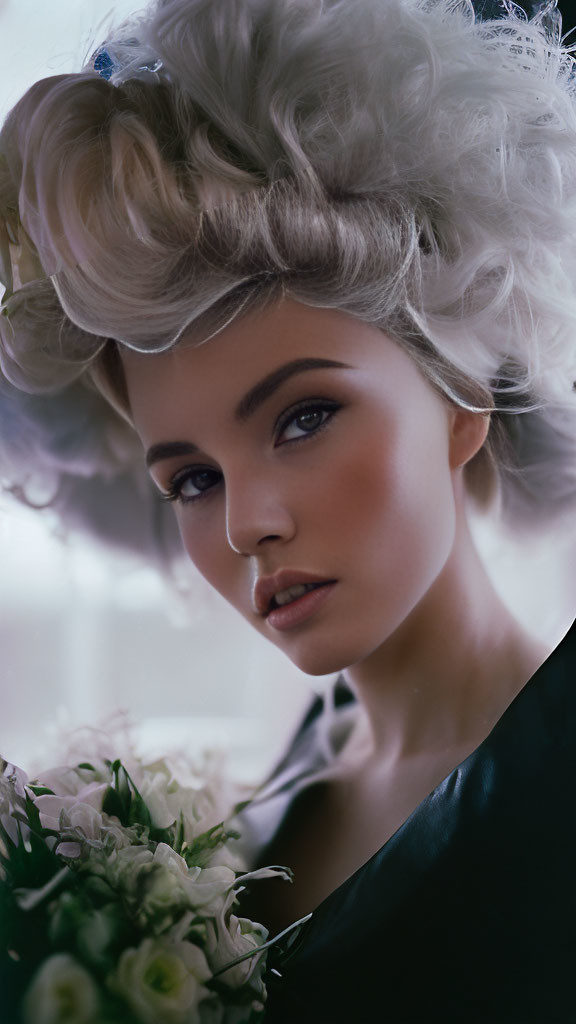 Woman with voluminous updo hair and bouquet of white flowers in soft lighting