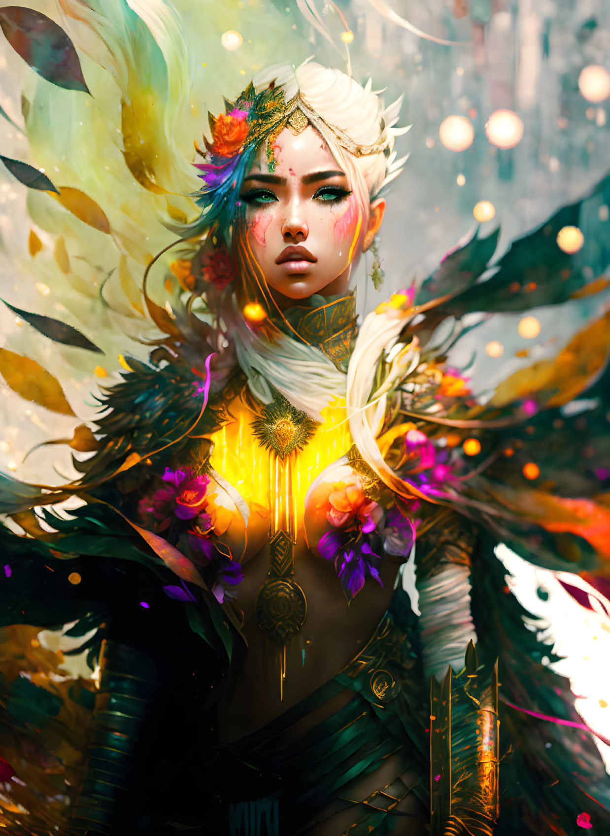 Colorful fantasy illustration of a female character in intricate feathered attire and glowing ornaments.