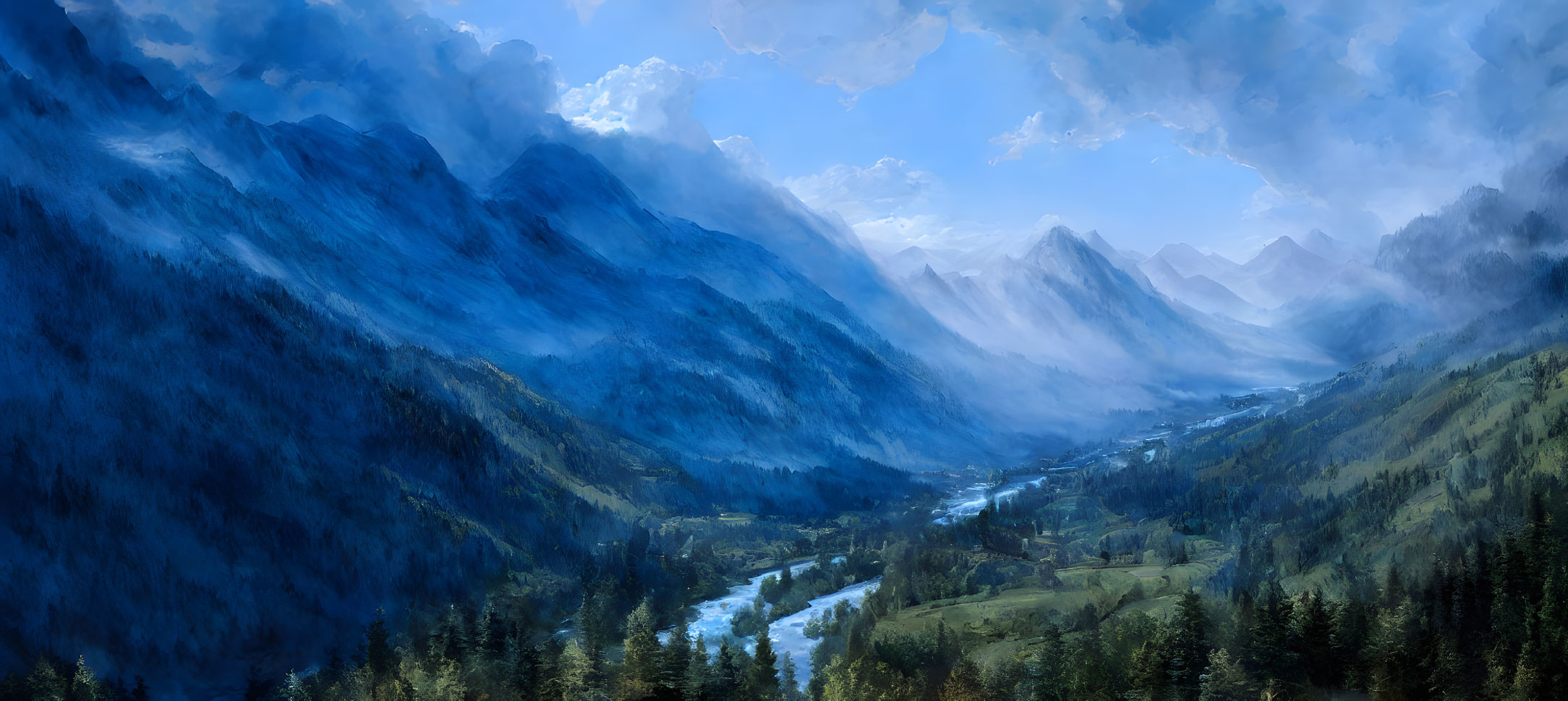 Misty mountain range, river, forest, and cloudy sky panorama