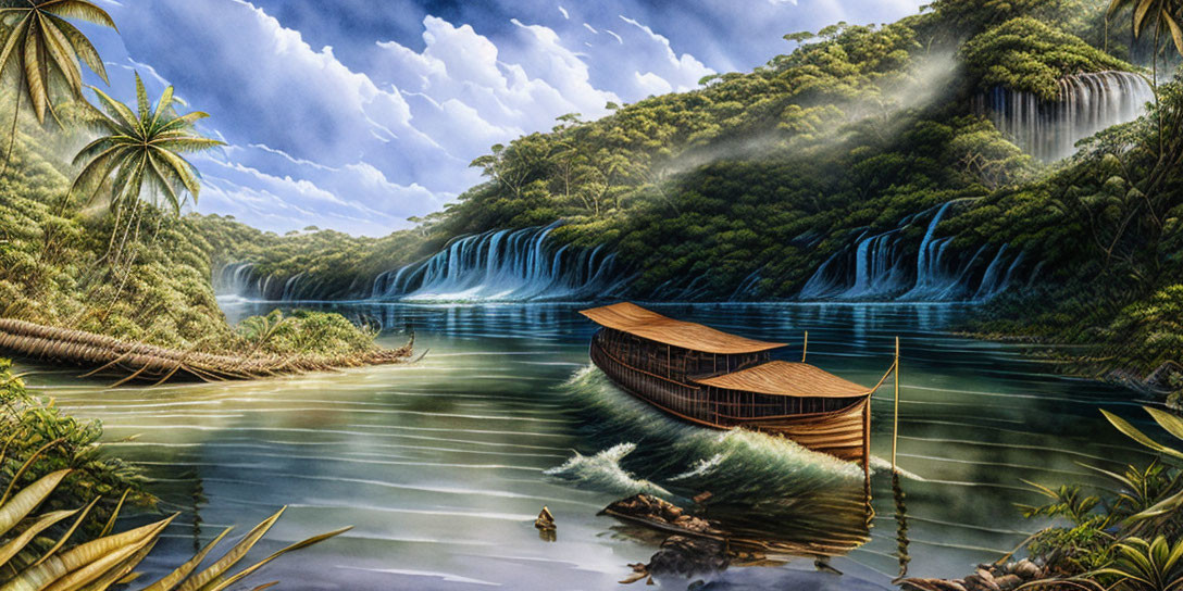 Tranquil tropical landscape with waterfalls, lush greenery, and floating boat