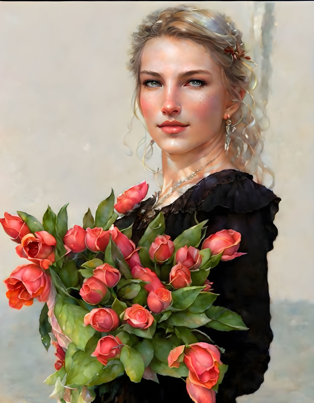 Blonde Woman in Black Outfit Holding Pink Roses