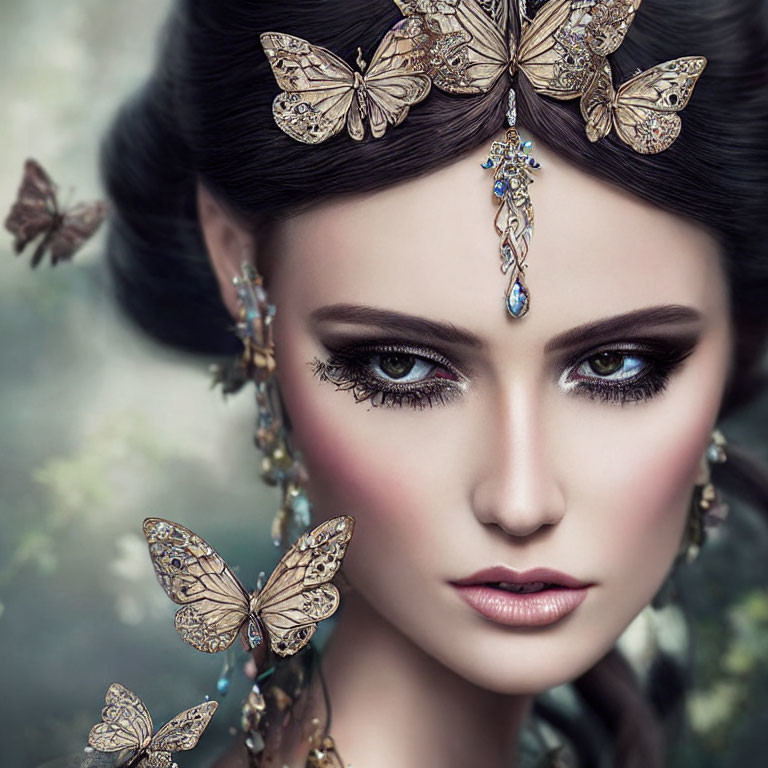 Dark-haired woman with butterfly accessories in nature-inspired setting