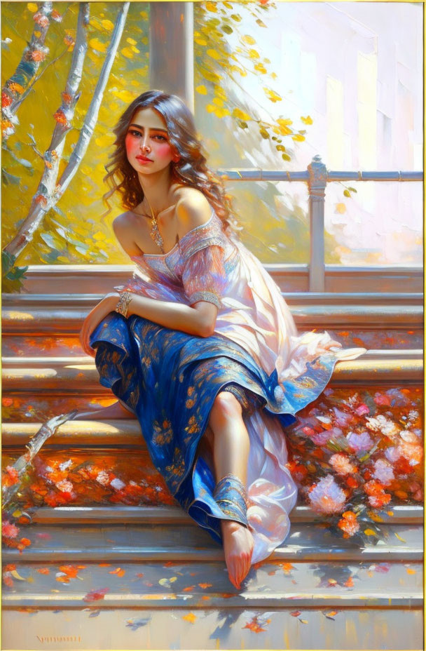 Pensive woman in flowing blue dress on sunlit steps among blooming flowers