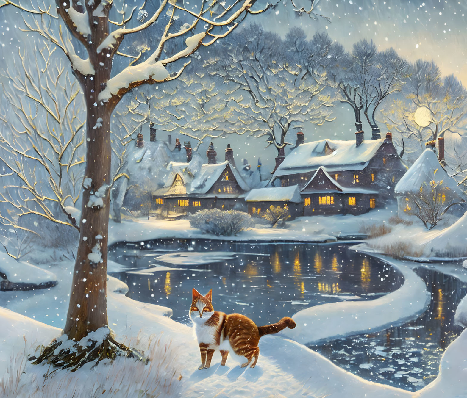 Snow-covered trees, houses, cat, and river in serene winter scene