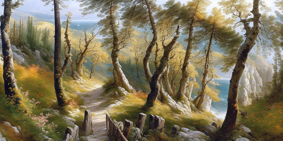 Sunlit Path Through Leaning Trees to Blue Sea and Cliffs