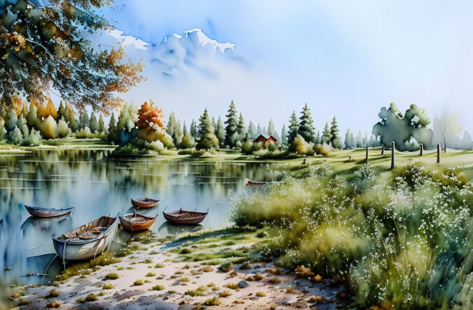 Tranquil Watercolor Landscape with Lake, Boats, Greenery, Trees, House, and