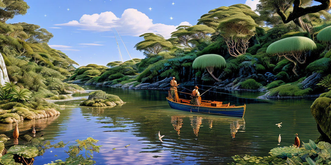 Serene river scene with two people fishing in fantastical forest landscape