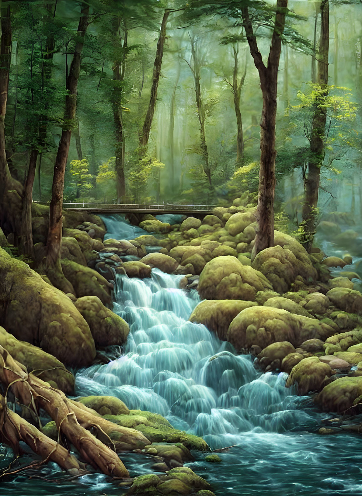 Tranquil forest scene with lush greenery, cascading water, and misty ambiance