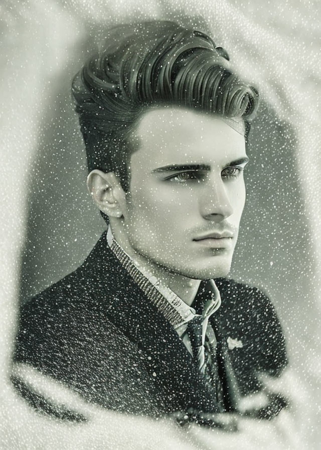 Monochrome portrait of a man with modern haircut in snowfall