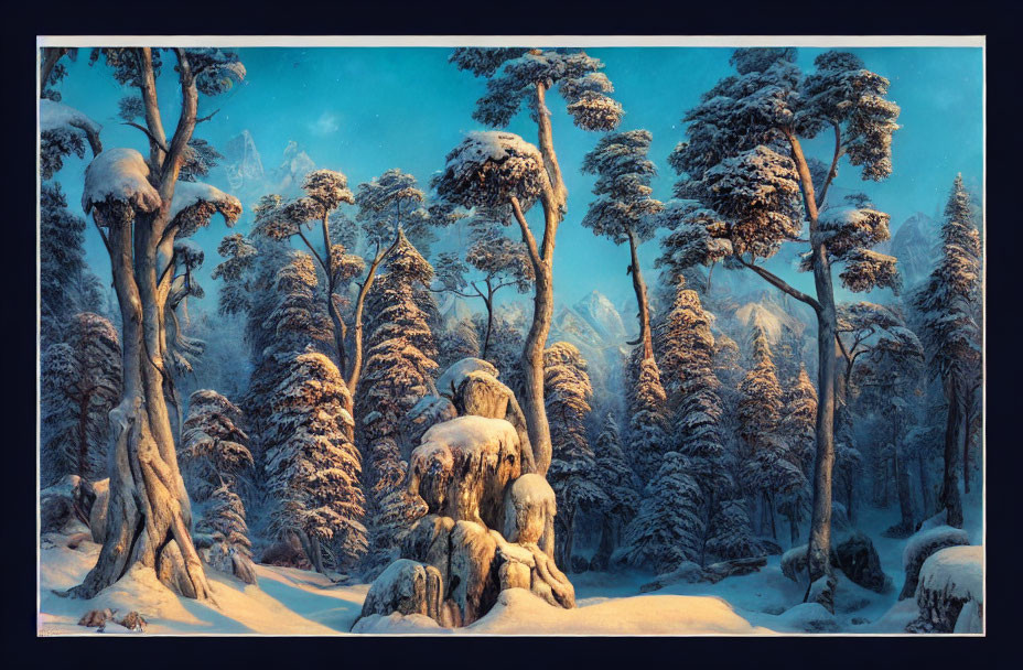 Snow-covered trees in serene winter twilight landscape