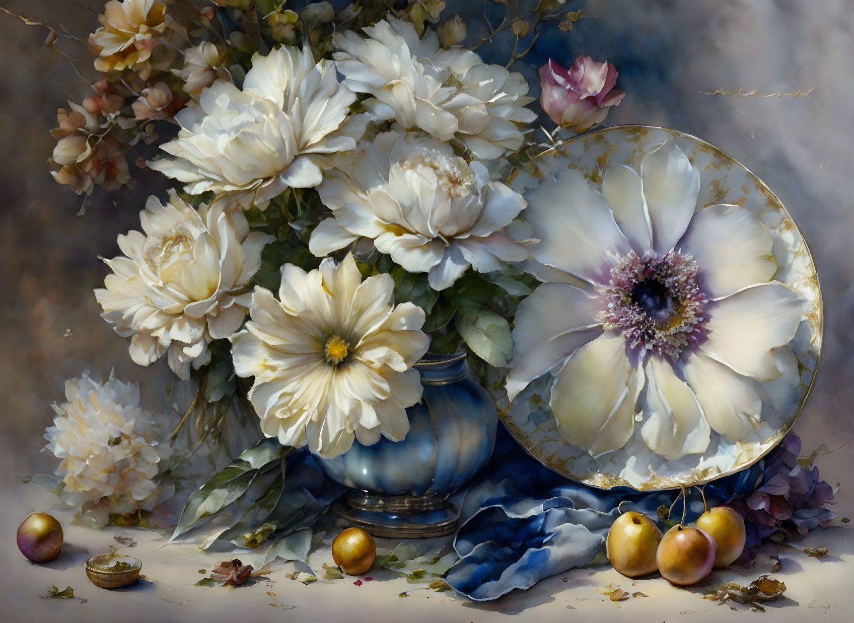 White and pink flowers, blue vase, decorative plate, fruits on draped cloth.