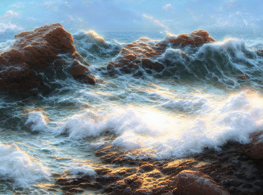 Sunlit waves crash against rugged rocks, casting golden reflections.