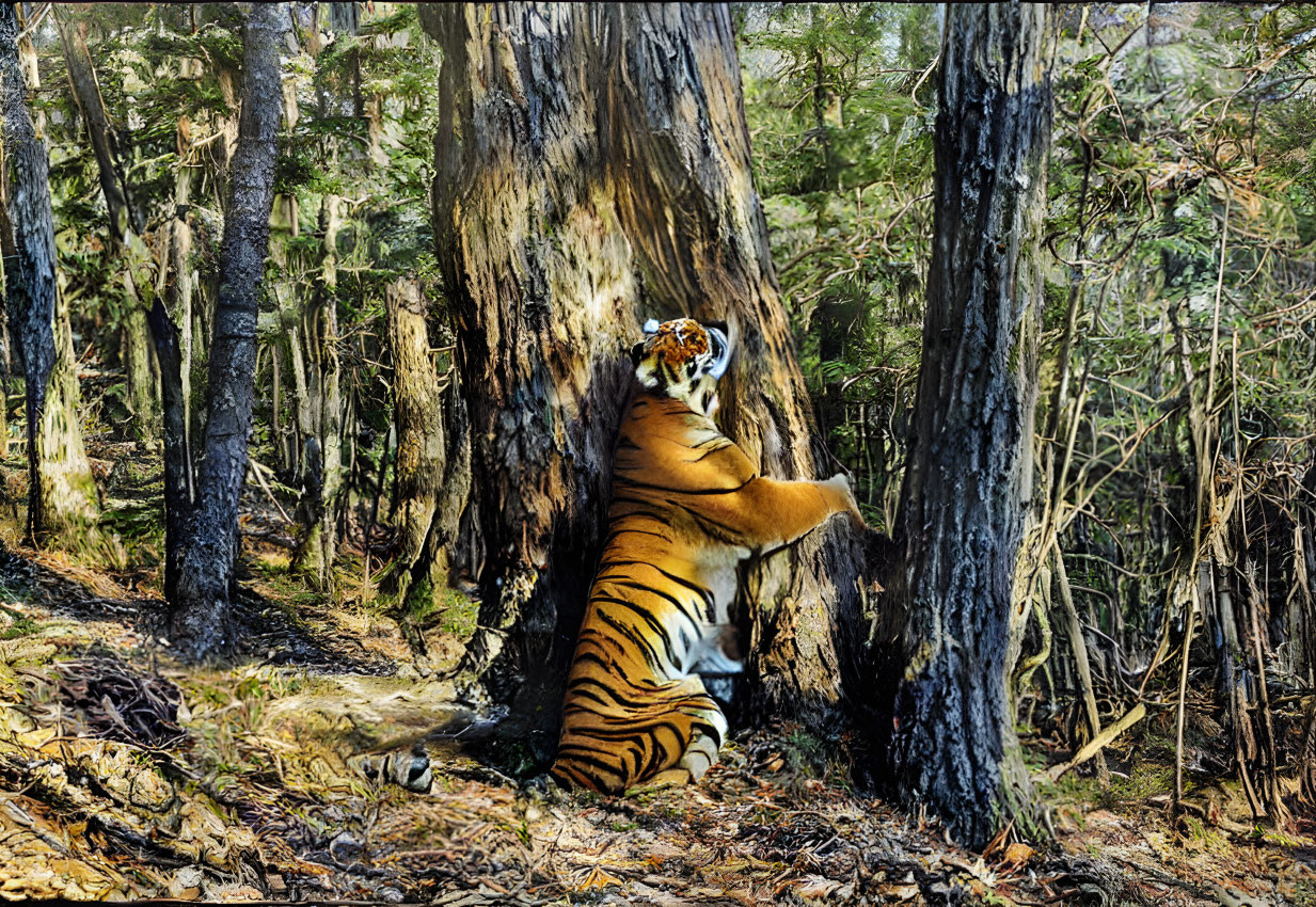 Tiger standing on hind legs in sunny forest with tree.