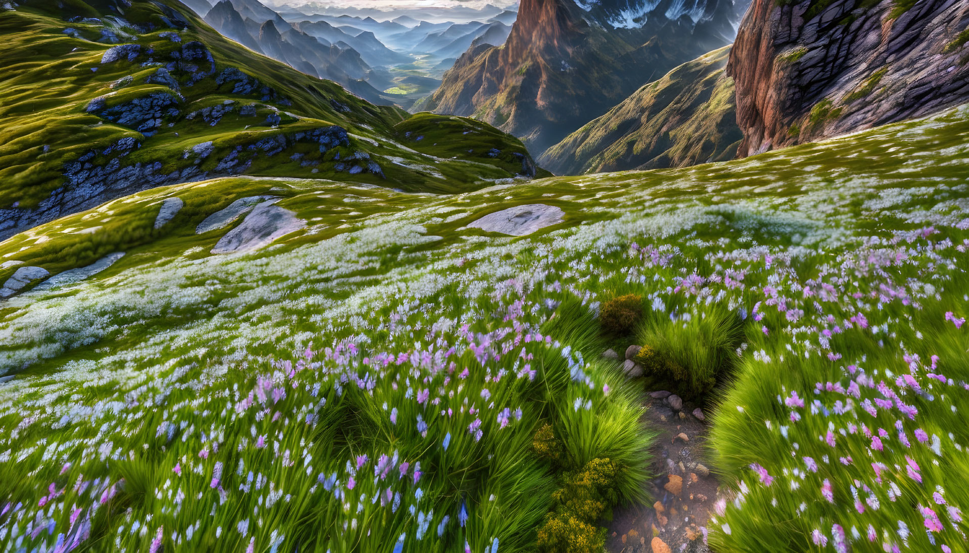 Scenic mountain landscape with lush meadow and rugged peaks