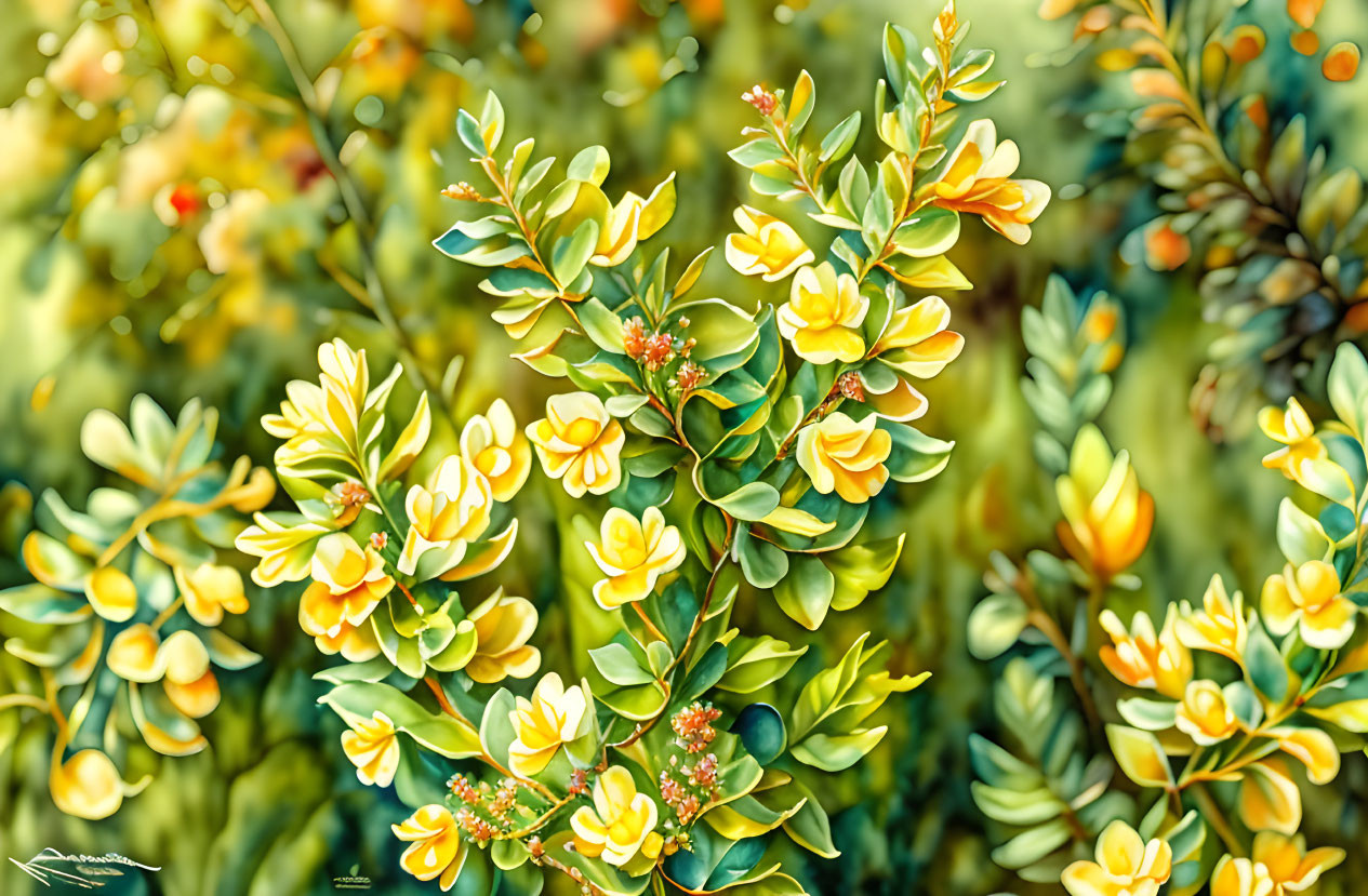 Vibrant yellow flowers and orange berries on lush green shrub