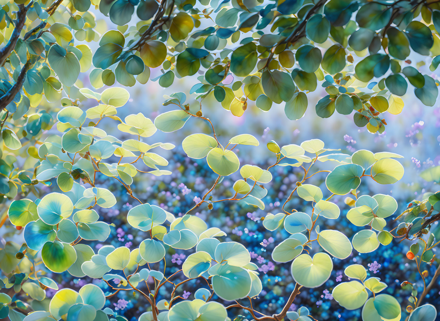 Vibrant green foliage with hints of blue under soft, diffused light