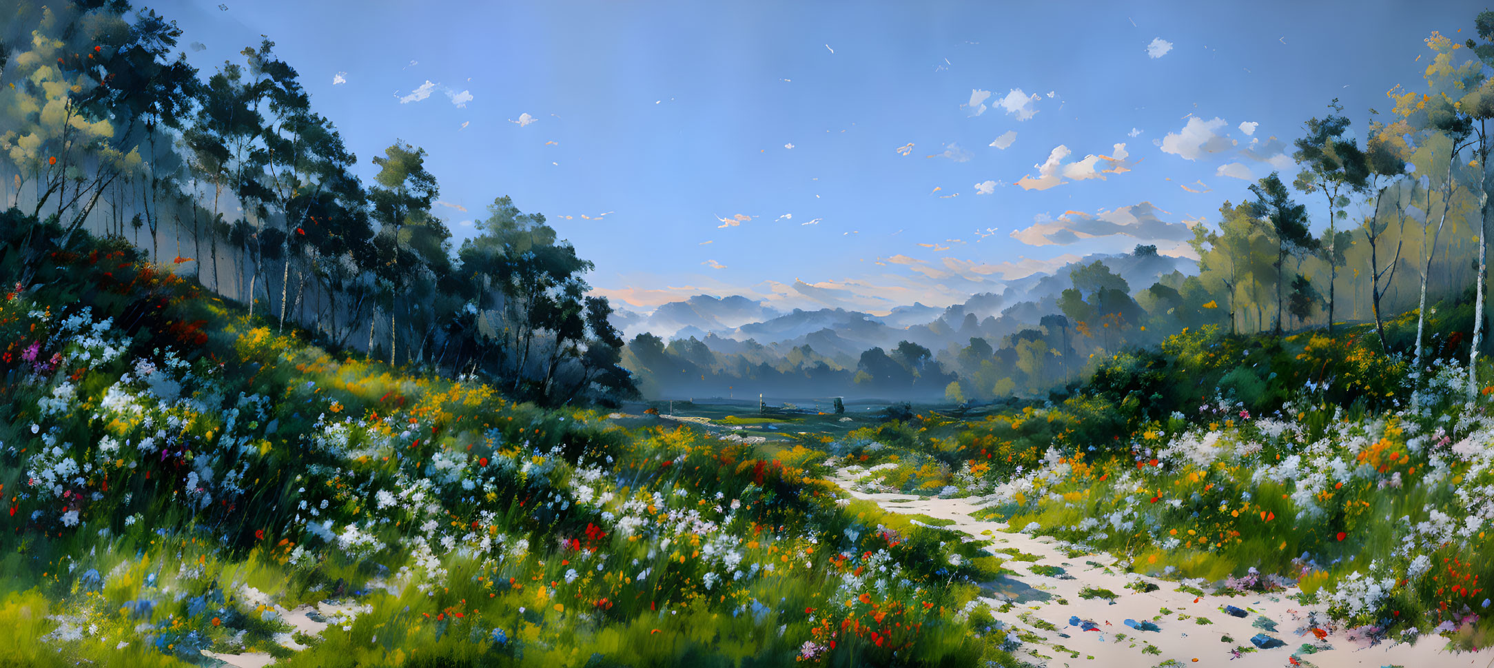 Panoramic landscape painting: vibrant field of flowers, winding path, misty forests, blue sky