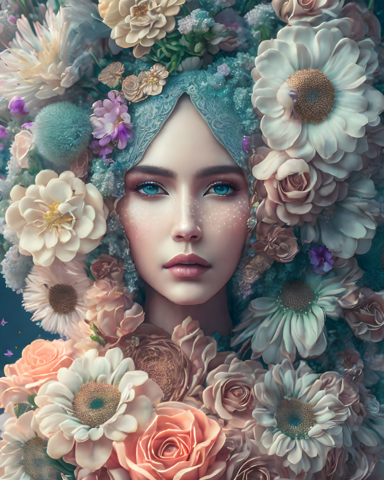 Woman portrait with roses, daisies, and freckles in serene setting