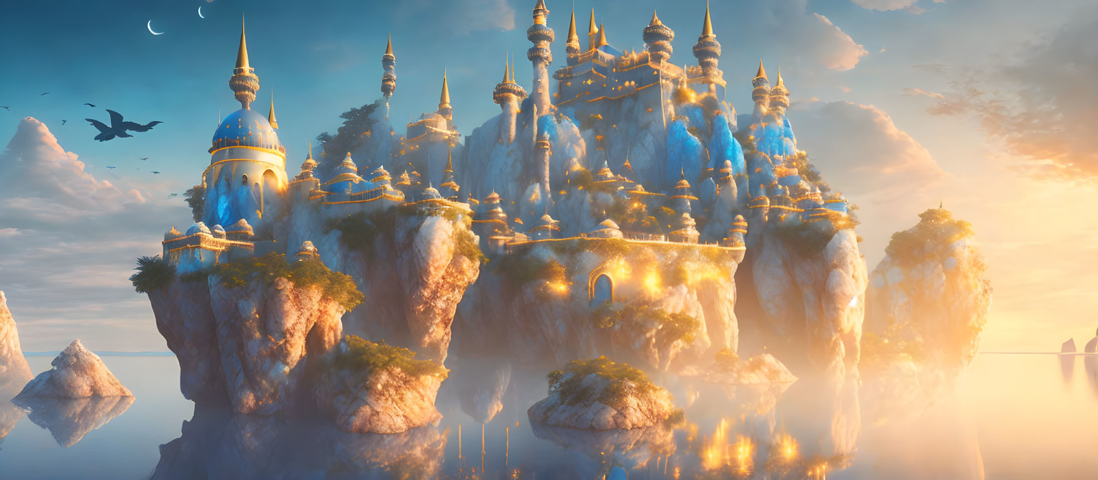 Fantastical castle on floating island under sunset sky