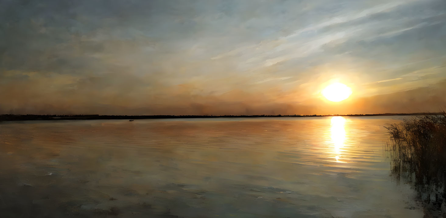 Tranquil sunset scene with golden sun, calm lake, and soft clouds