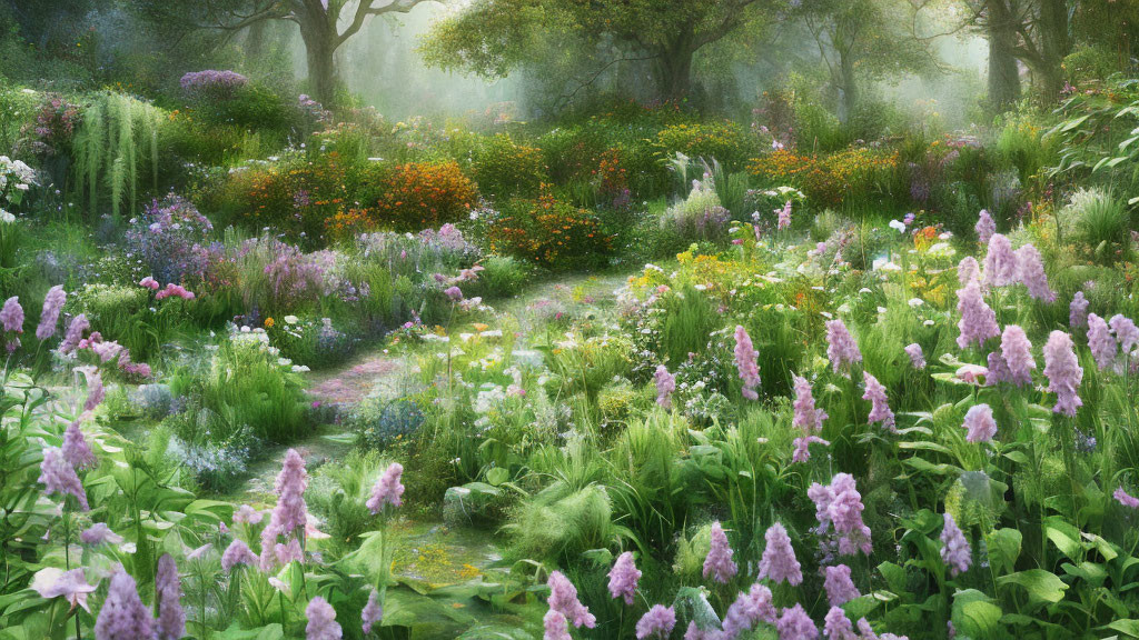 Tranquil garden with lush greenery, vibrant flowers, sunlight, mist, and winding path