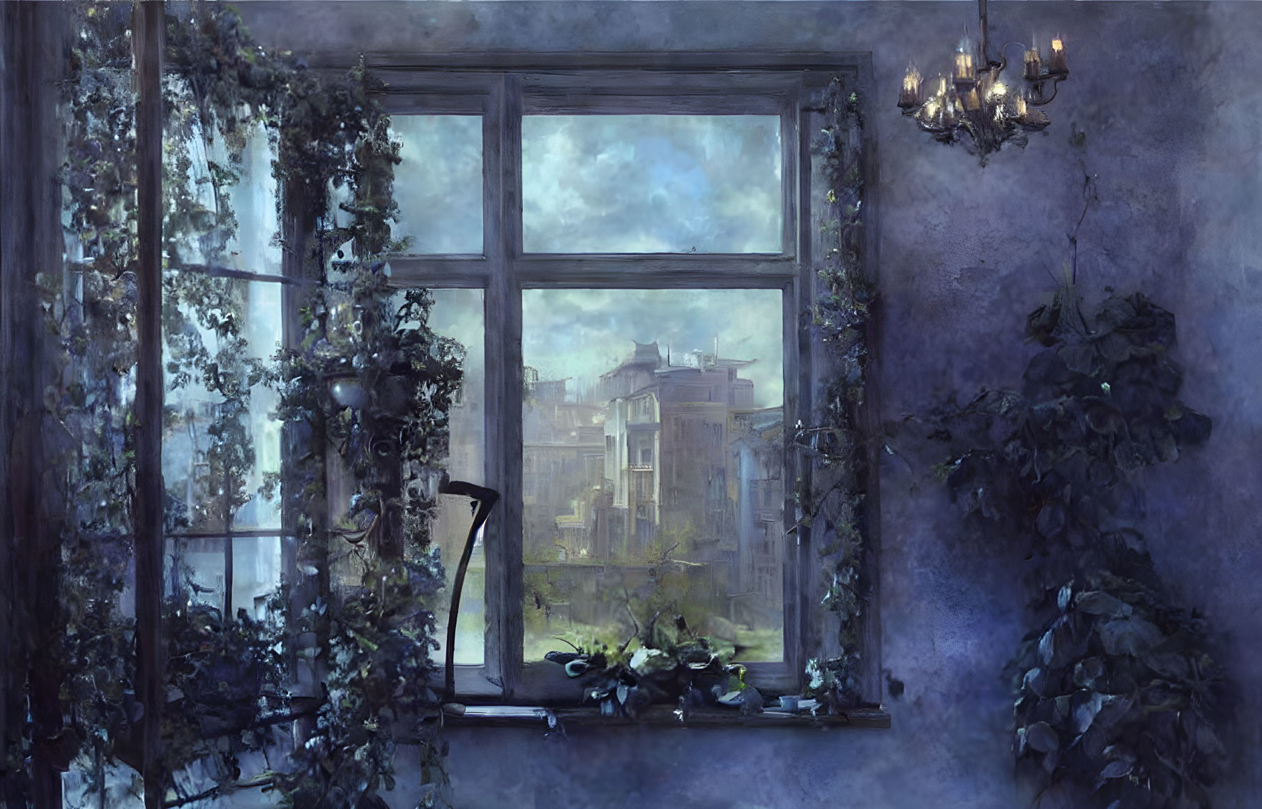 Room with vines around open window and chandelier, distant buildings under cloudy sky.