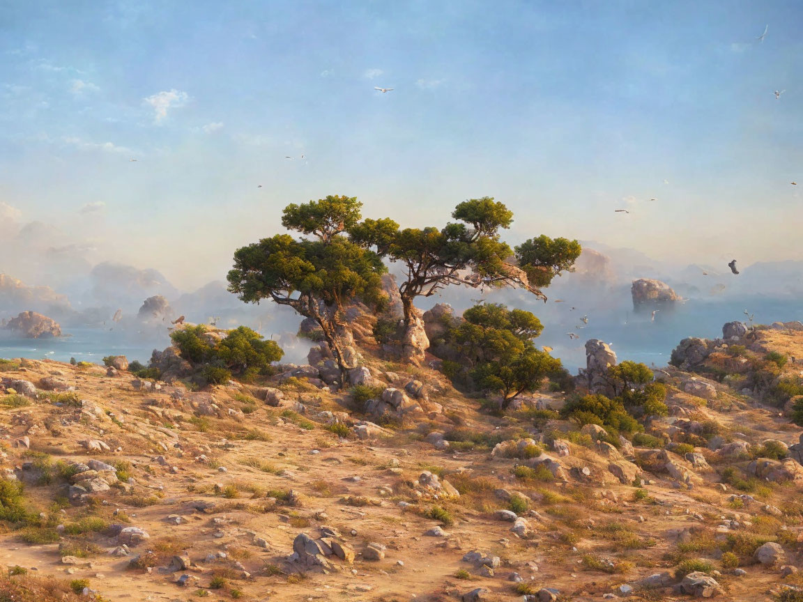 Tranquil landscape with lone tree, rocky terrain, hazy sky, birds, and sea.