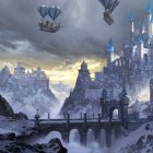 Fantasy castle with spires in mountainous landscape and flying ships