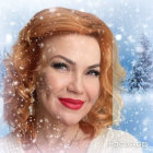 Blonde Curled Woman Portrait Against Winter Castle Backdrop