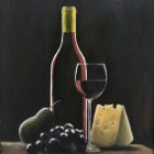 Red wine bottle, glass, grapes, cheese on table with grapevines in background.