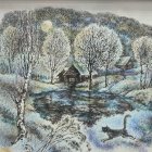 Wintry watercolor painting: bare trees, frozen river, snow-covered houses, full moon, black