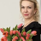 Digital Artwork: Woman with Blue Eyes and Tulip Bouquet