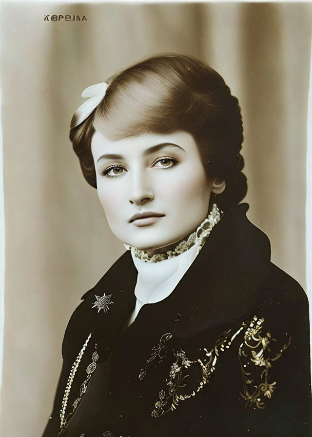 Young woman in vintage attire with white bow, ornate jacket, and choker necklace.