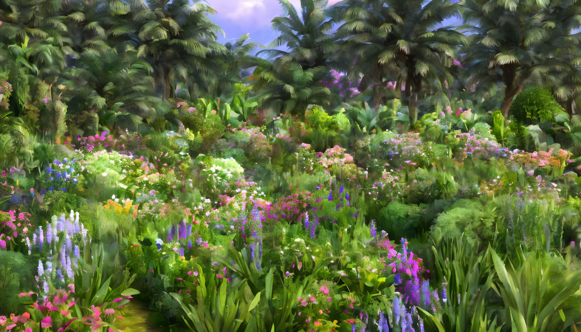 Colorful Flower Garden with Palm Trees and Green Foliage