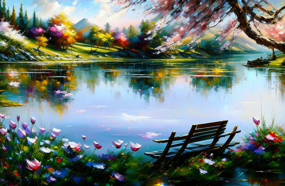 Colorful Lake Scene with Flowers, Boat, and Bench