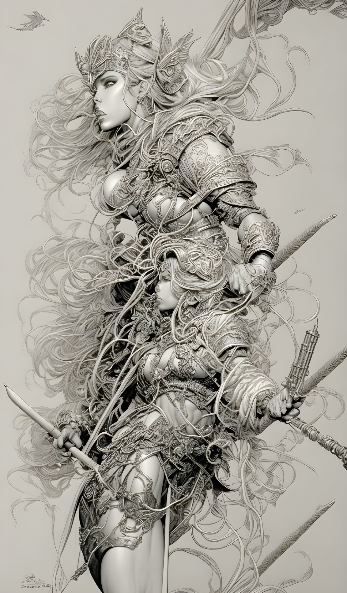 Detailed Monochromatic Fantasy Warriors in Ornate Armor with Intricate Designs