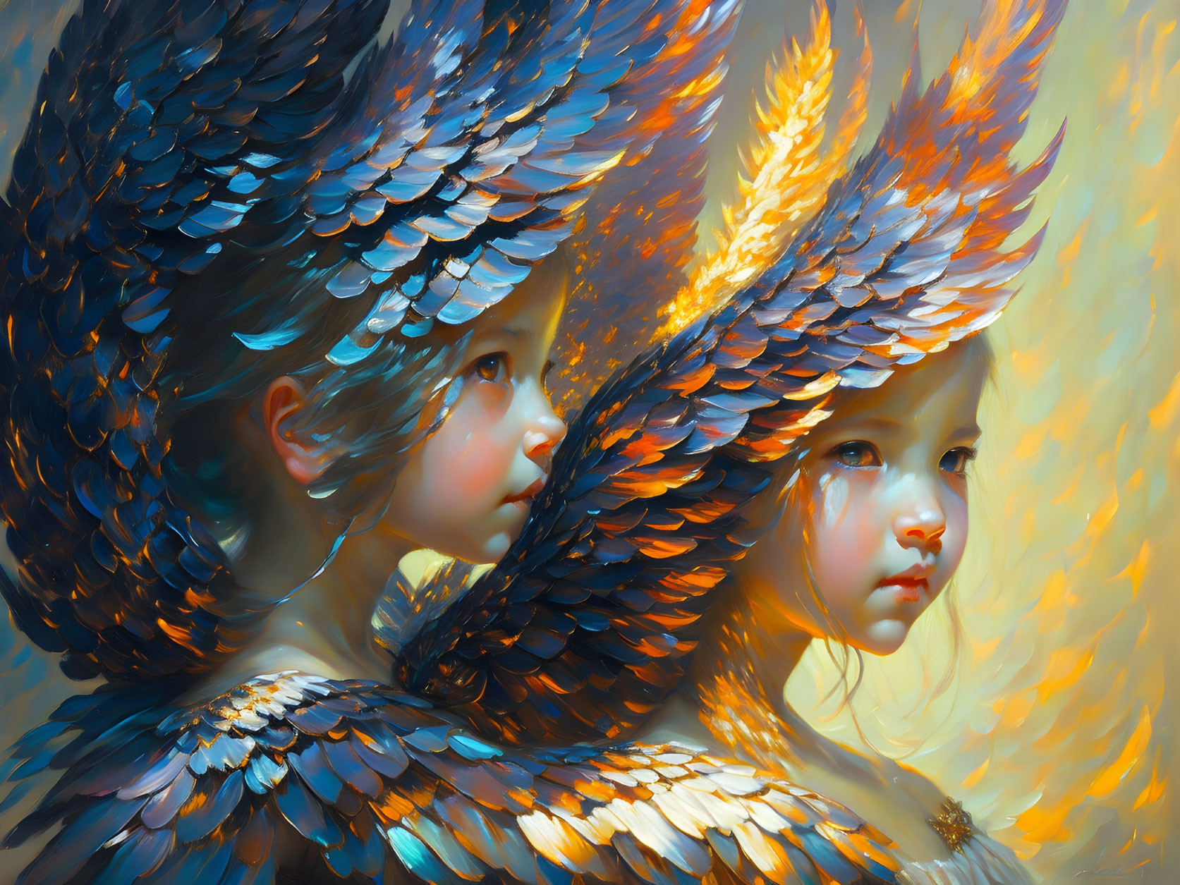 Ethereal children with bird-like wings in blues and warm oranges