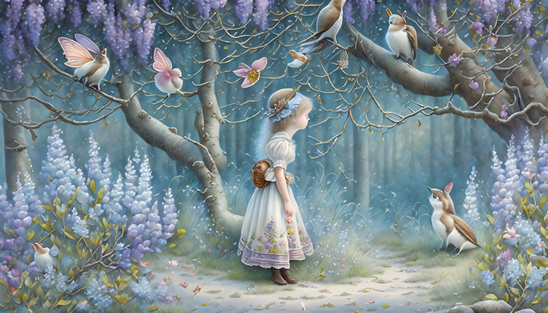 Young girl in meadow with blooming trees, butterflies, animals, and bird on branch