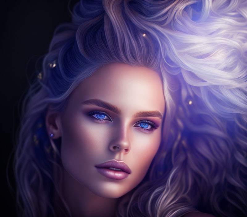 Portrait of Woman with Striking Blue Eyes and Curly Blue Hair