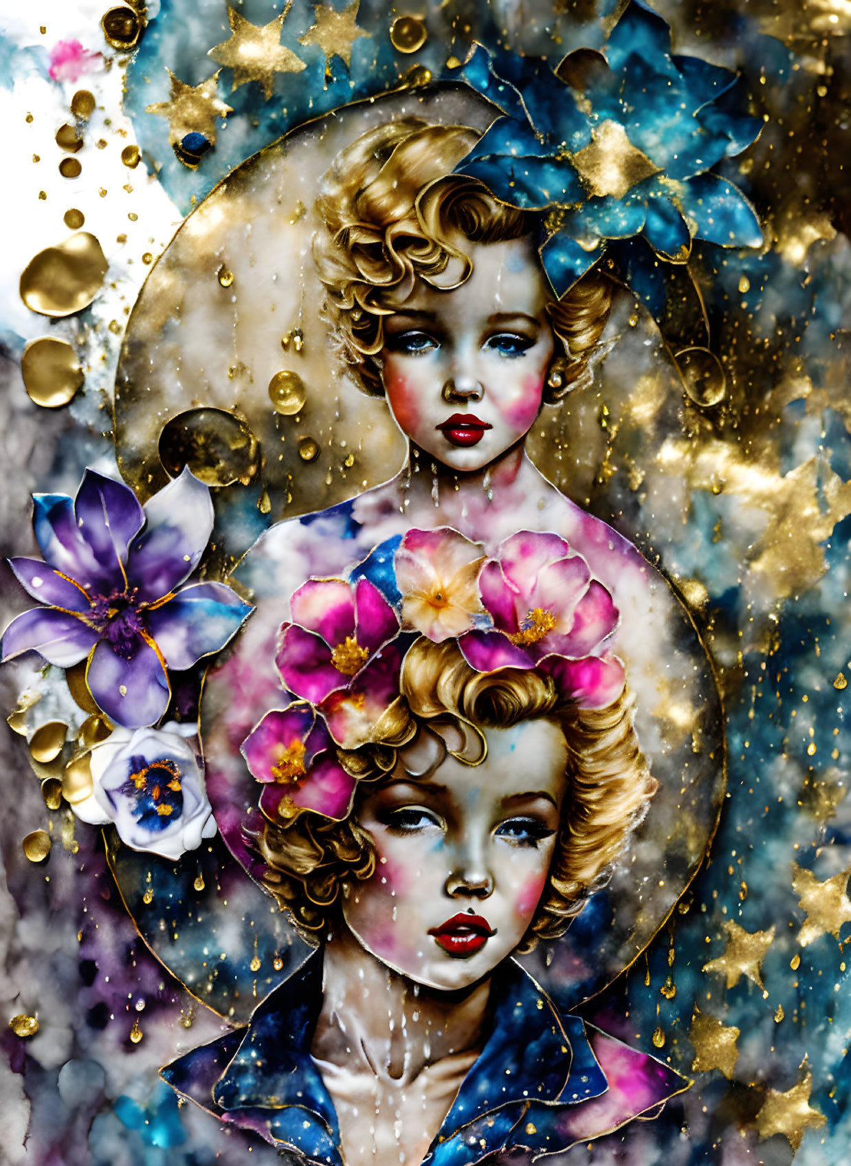 Stylized women's faces with floral elements and golden splatters on dark background