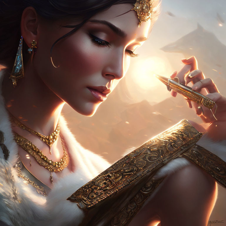 Elegant woman with jewelry admiring glowing artifact